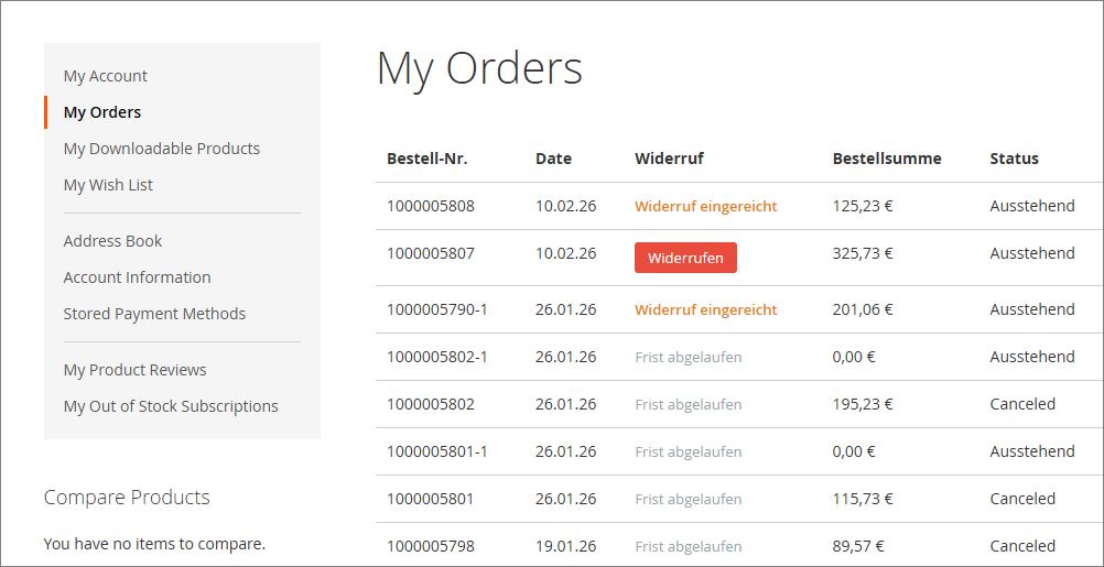 Widerrufsbutton in der Bestellübersicht Widerrufsbutton in der Bestellübersicht