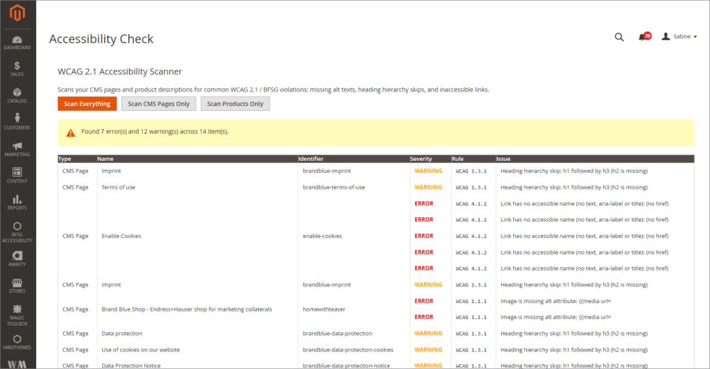 Scans your CMS pages and product descriptions for common WCAG 2.1