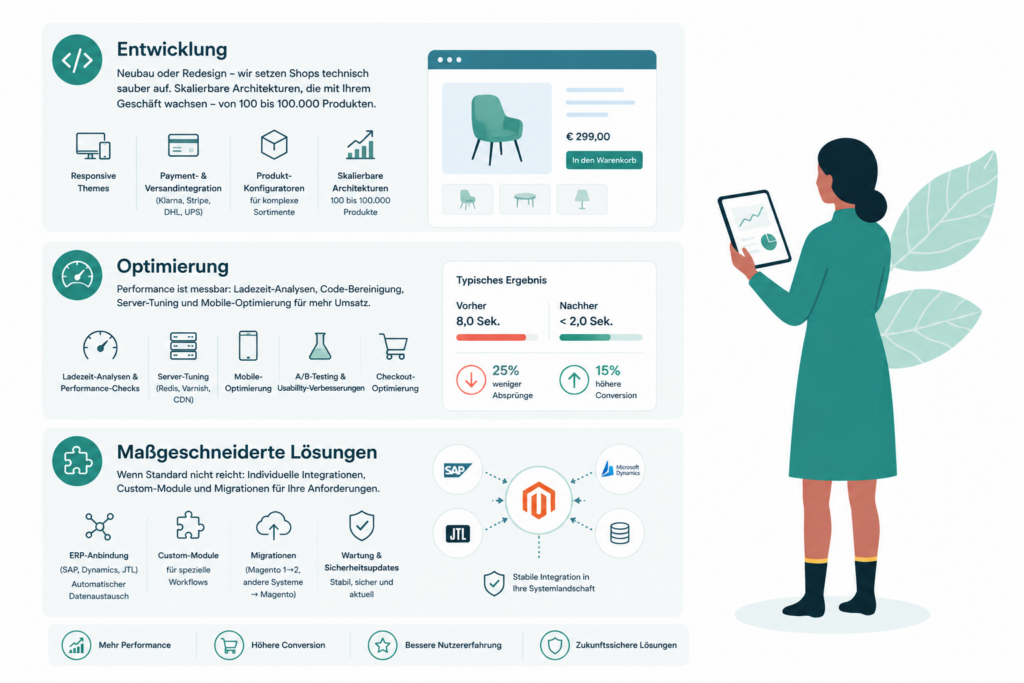 Entwicklung, Optimierung & Maßgeschneiderte Lösungen Darstellung moderner Magento-Entwicklung und Shop-Optimierung: technische Umsetzung von Onlineshops mit responsivem Design, Zahlungs- und Versandintegration, Produktkonfiguratoren sowie skalierbaren Architekturen. Ergänzt durch Performance-Optimierung, schnellere Ladezeiten, Checkout-Optimierung, ERP-Anbindungen, individuelle Module, Migrationen und laufende Wartung.