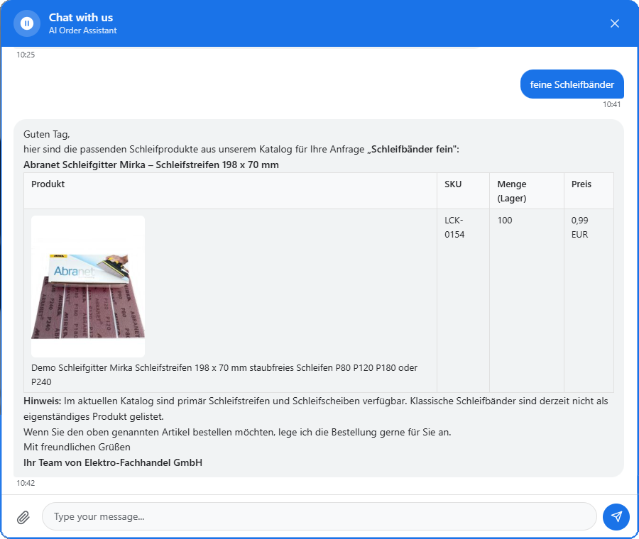 Chat-Widget im Shop mit Gesprächsverlauf und bestätigter Bestellung